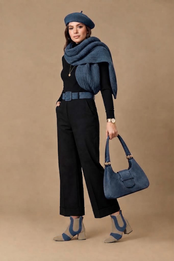 Women's tan, denim blue and bronze two-tone chelsea boots with round toe and low flared heel - Top view
